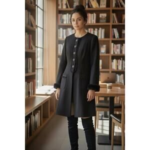 Dark in Love Gothic Black Fit Flare Coat Faux Fur Cuffs Lace Buttons S Romantic